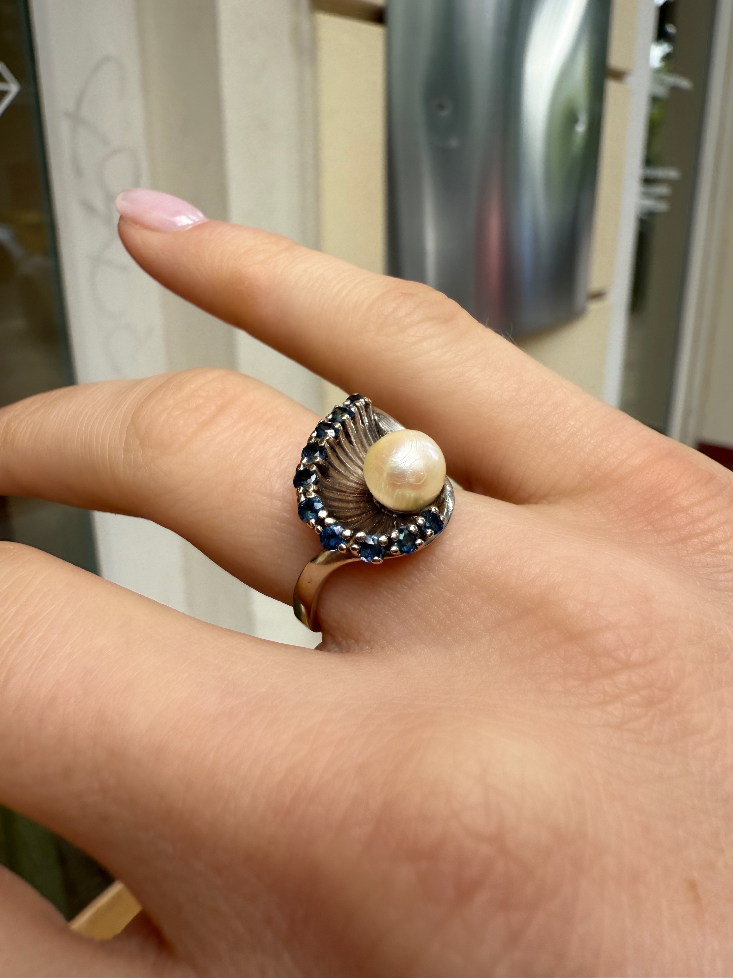#1060 14k Ring mit Perle & Saphiren - RG 53