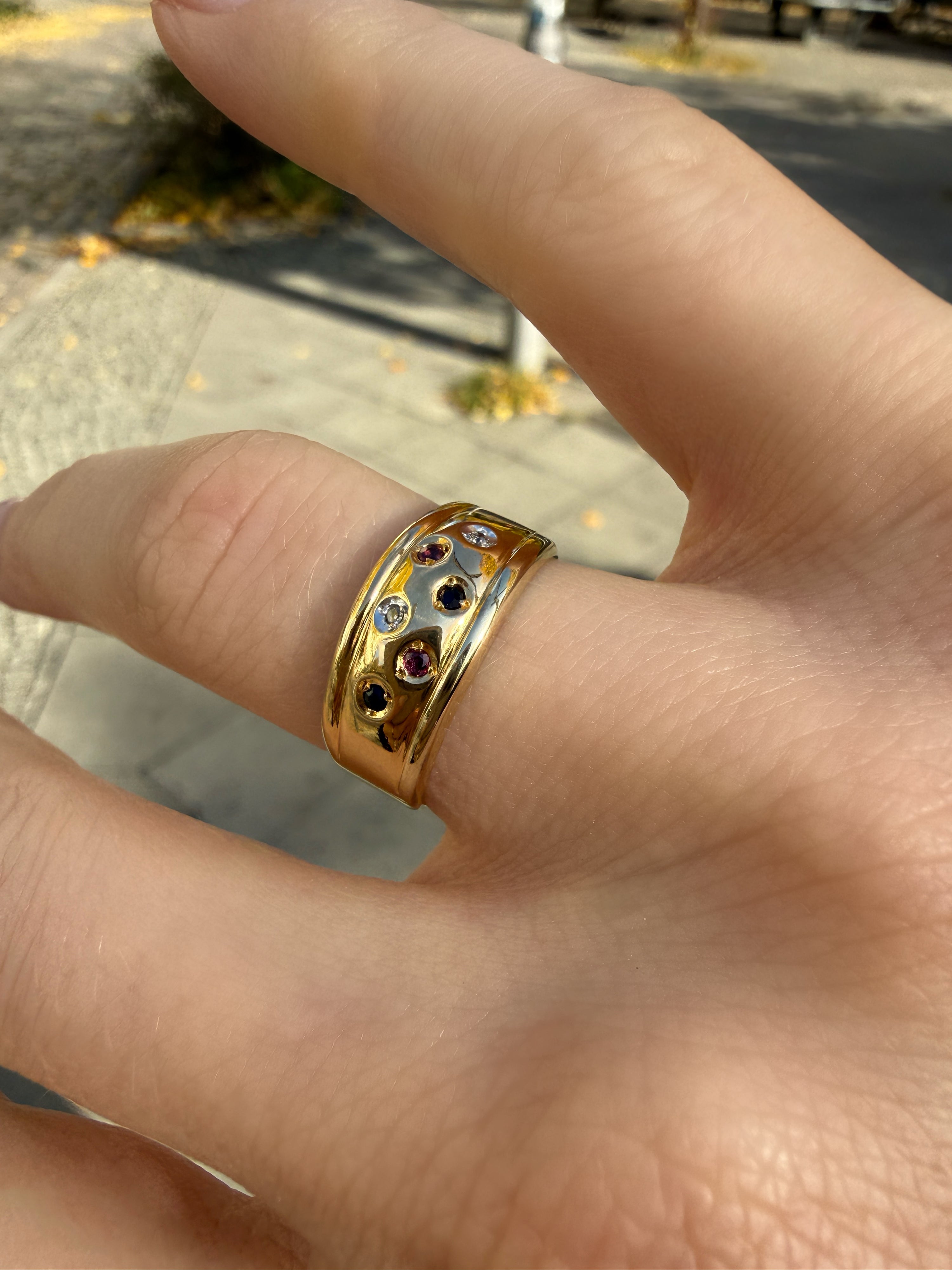 #1433 8k Ring mit Rubin, Saphir, Diamant - RG 52.5