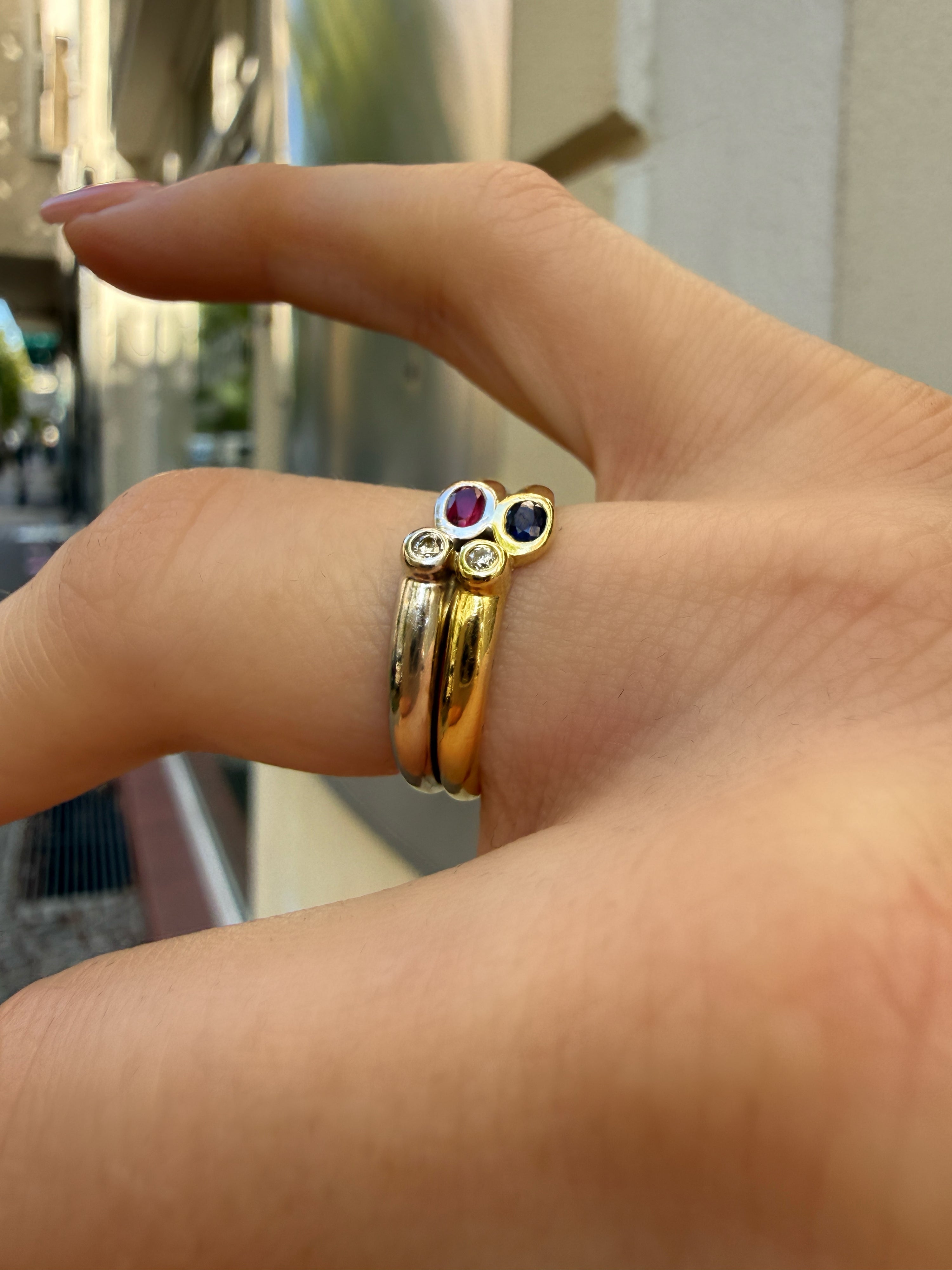 #1381 Massiver 14k Ring mit Diamanten, Rubin, Saphir - RG 53