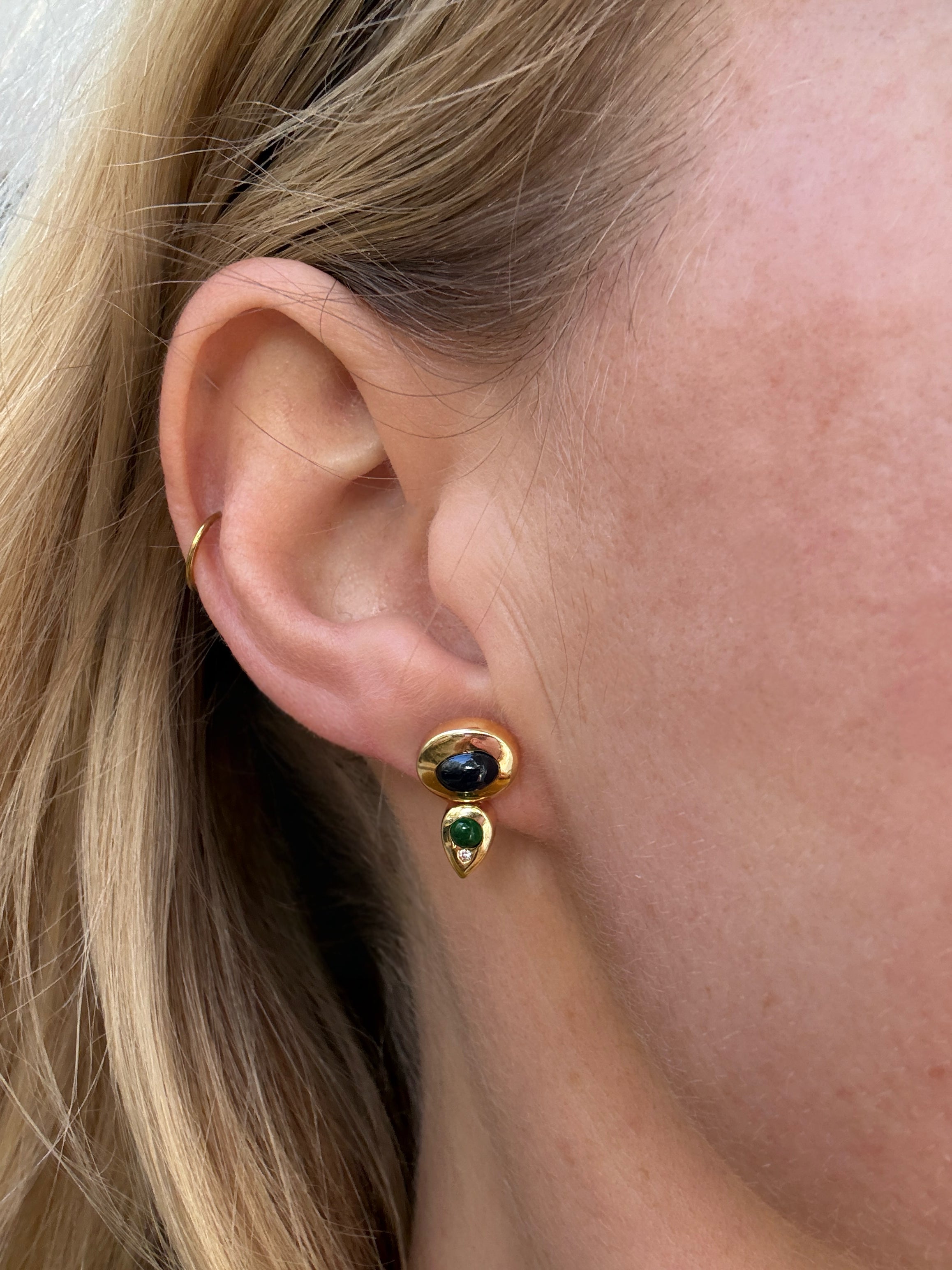 #1421 14k Earrings with Sapphire, Emerald, Diamond - 1.6cm