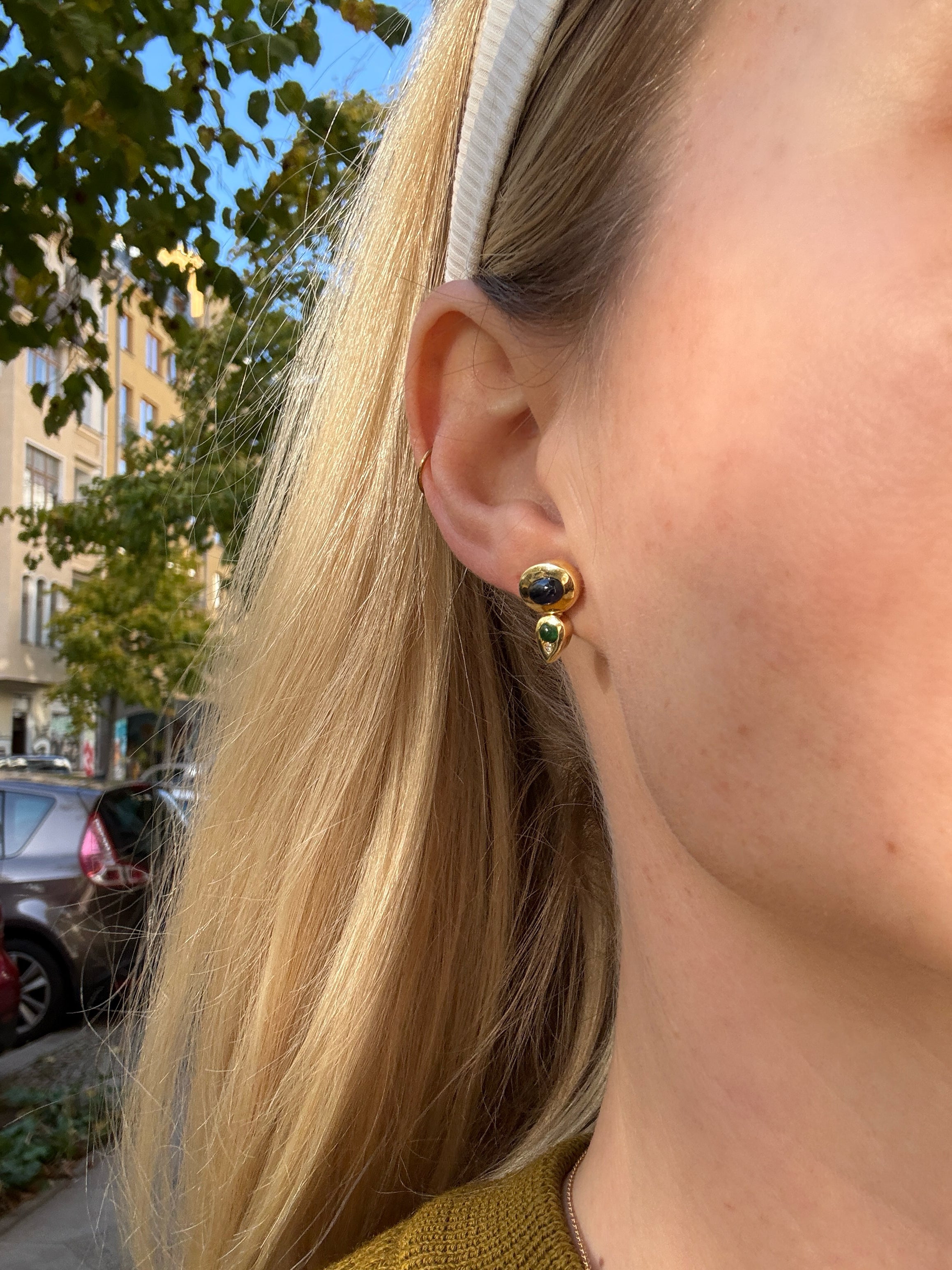 #1421 14k Earrings with Sapphire, Emerald, Diamond - 1.6cm