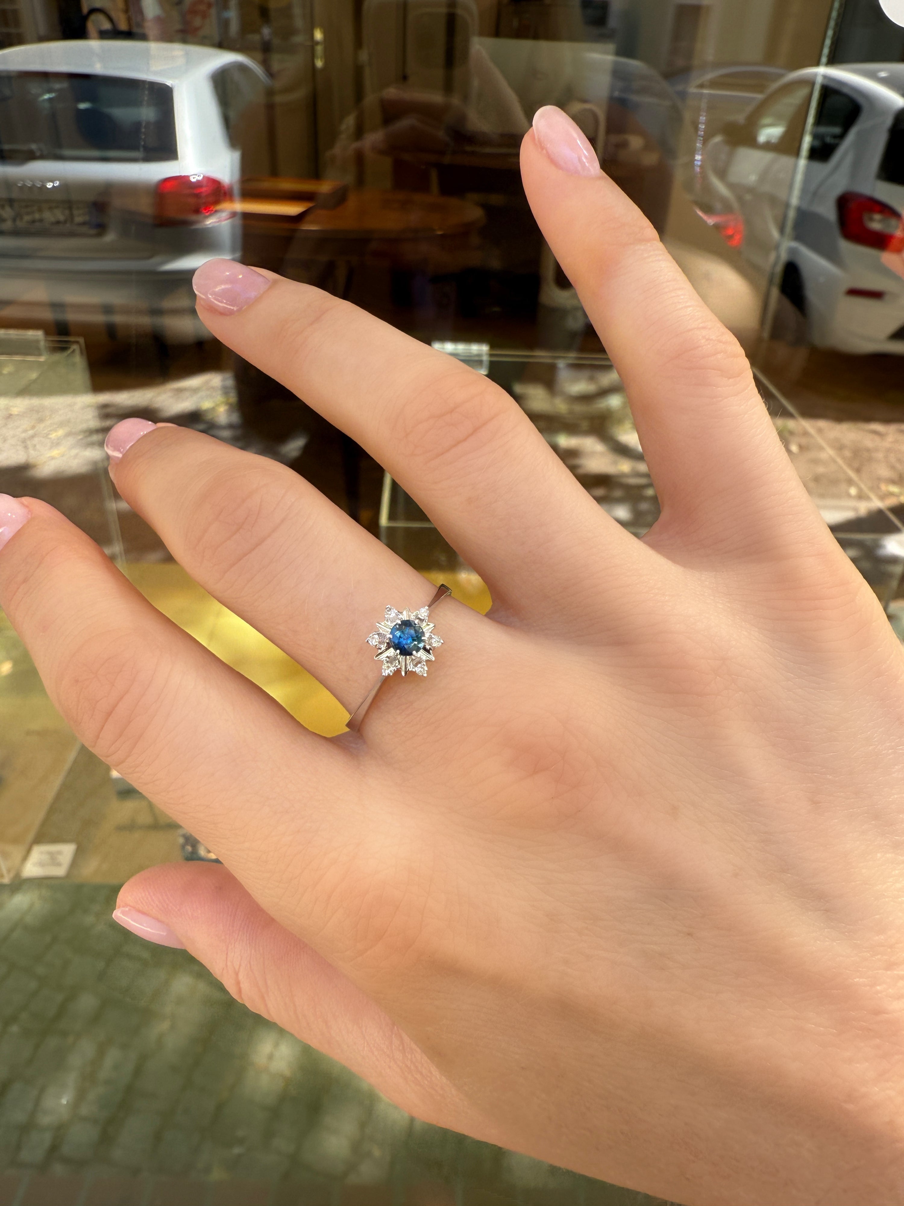 #1007 14k Ring Weißgold mit Saphir & Diamanten - RG 64