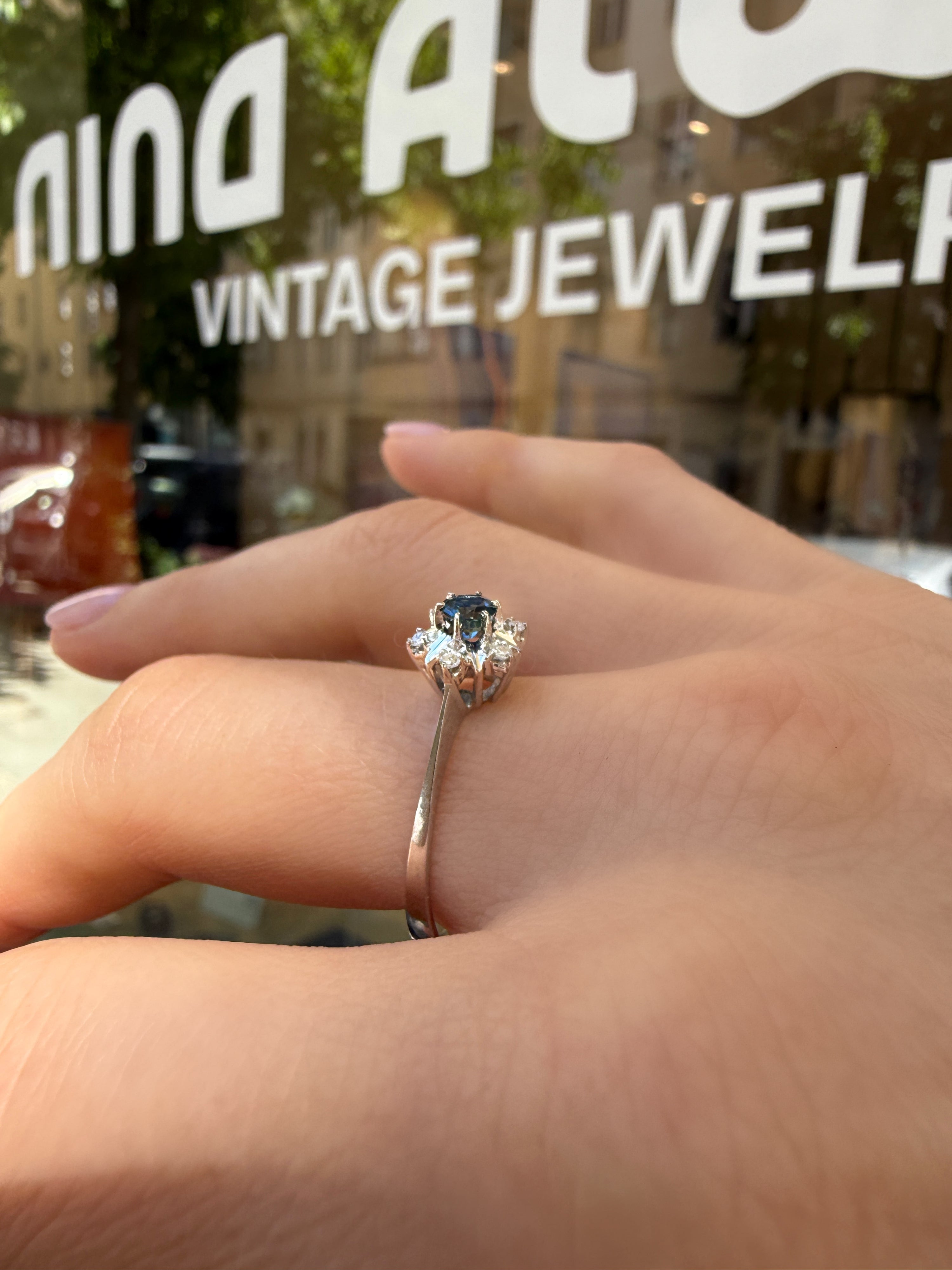 #1007 14k Ring Weißgold mit Saphir & Diamanten - RG 64
