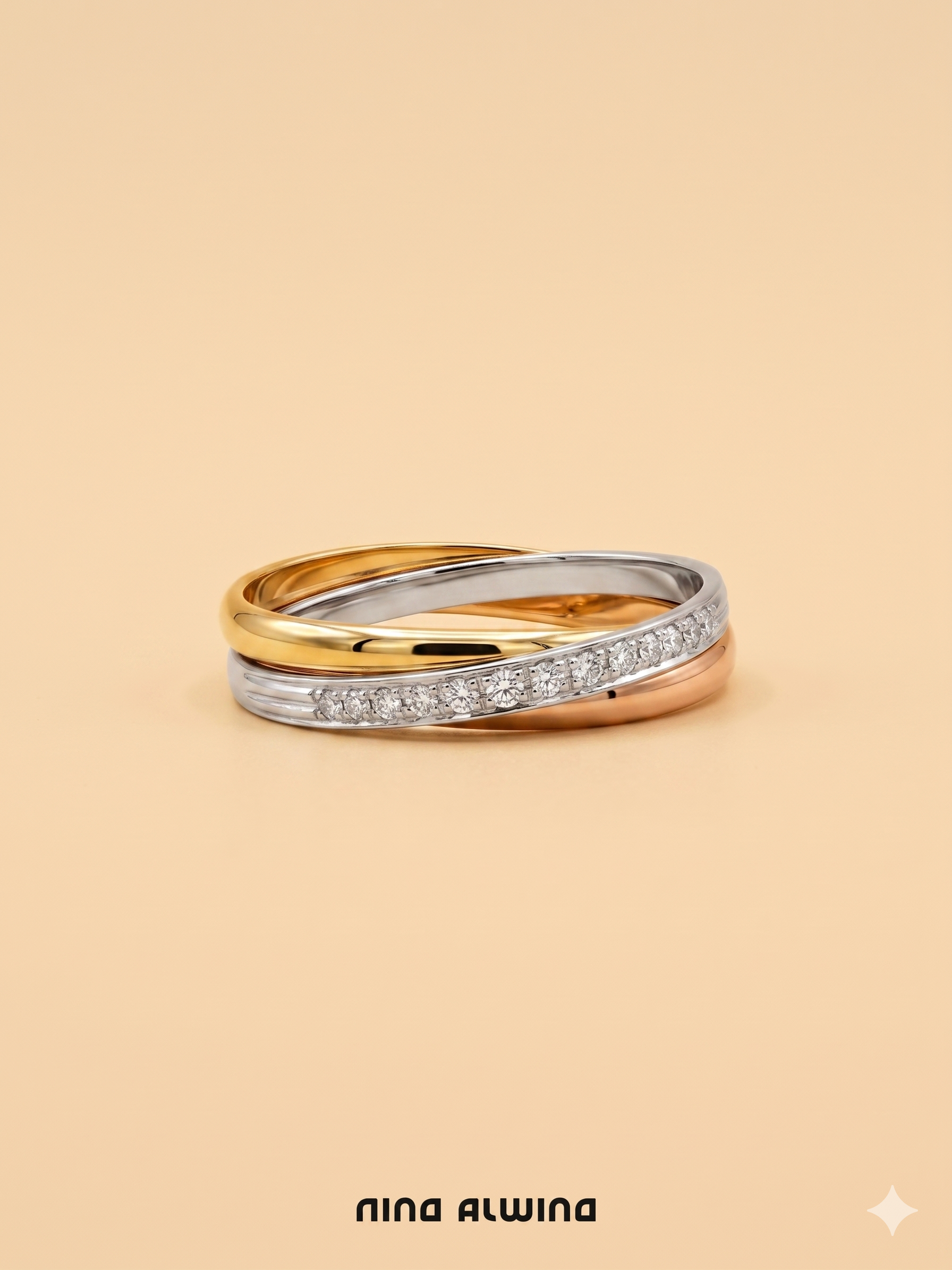 #903 14k Ring Tricolor mit 4 Diamanten - RG 56