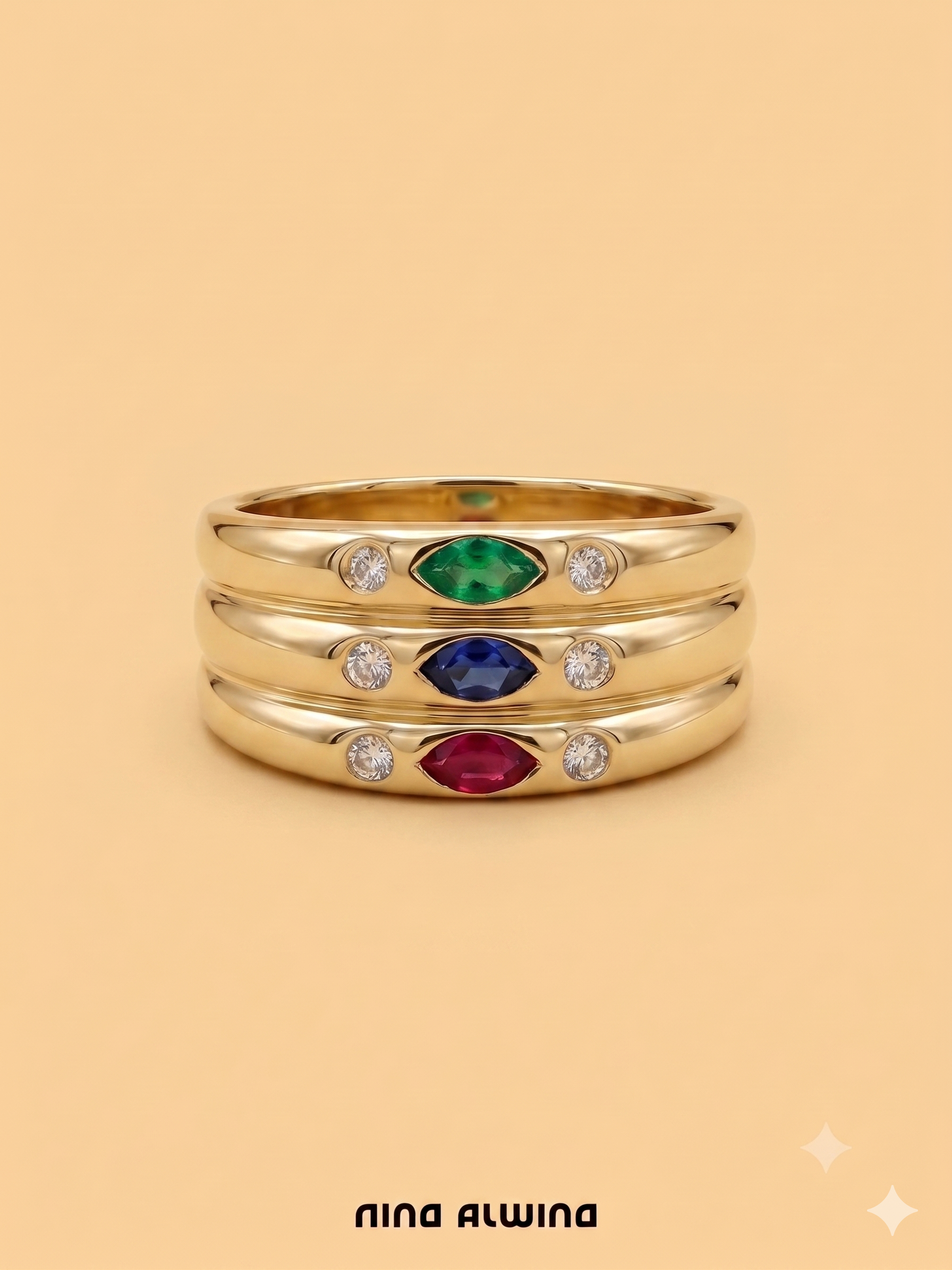 #1118 Sehr massiver 8k Ring mit Saphir, Rubin, Smaragd, 6 Diamanten - RG 60
