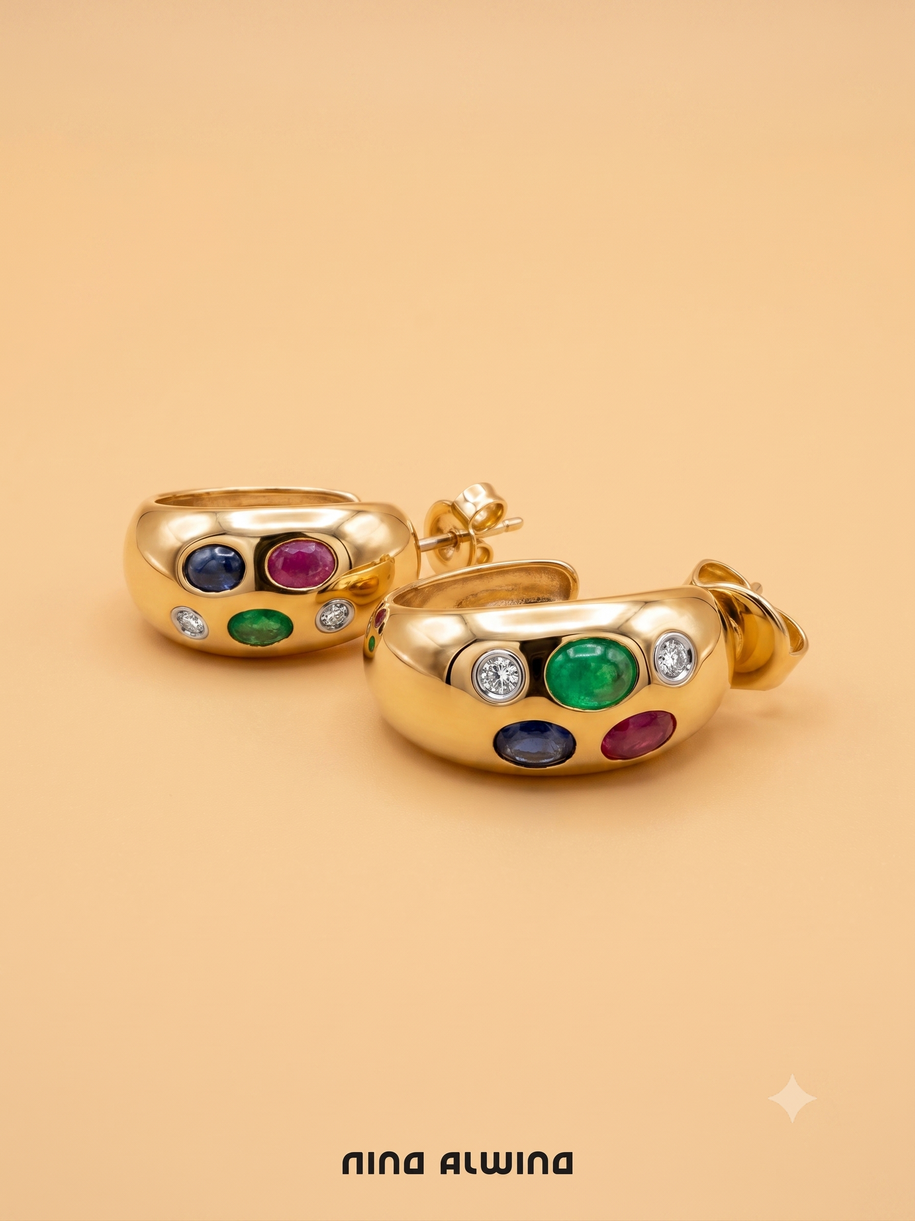 #1066 14k Ohrringe - Rubin, Smaragd, Saphir, Diamant - 2.2cm