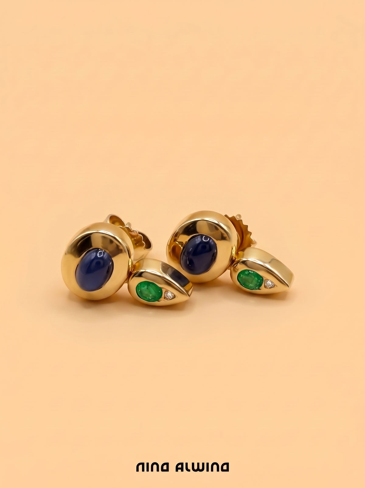#1421 14k Earrings with Sapphire, Emerald, Diamond - 1.6cm