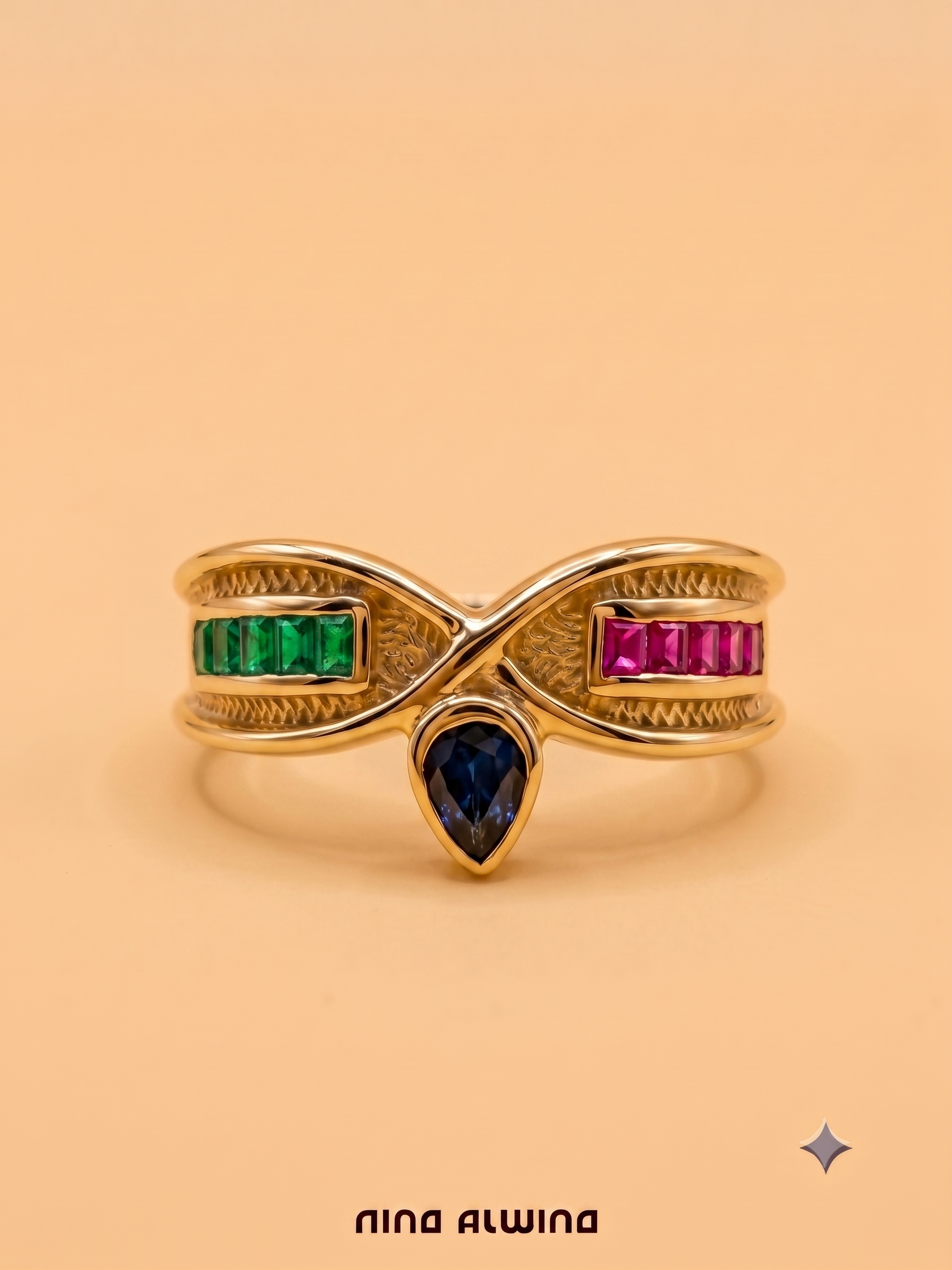 #1164 14k Ring mit Saphir, Smaragden & Rubinen - RG 56.5