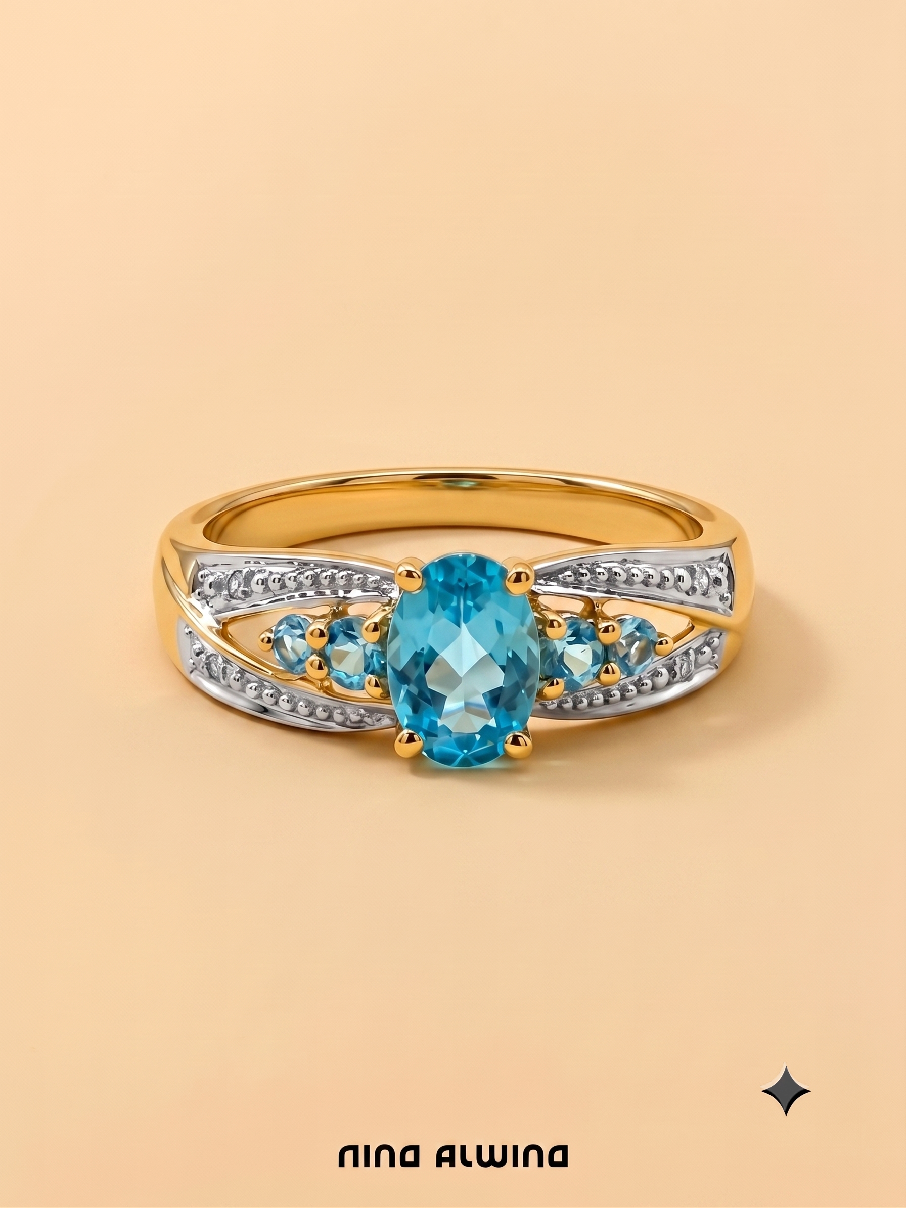 #1218 14k Ring mit Blautopas & Diamanten - RG 60