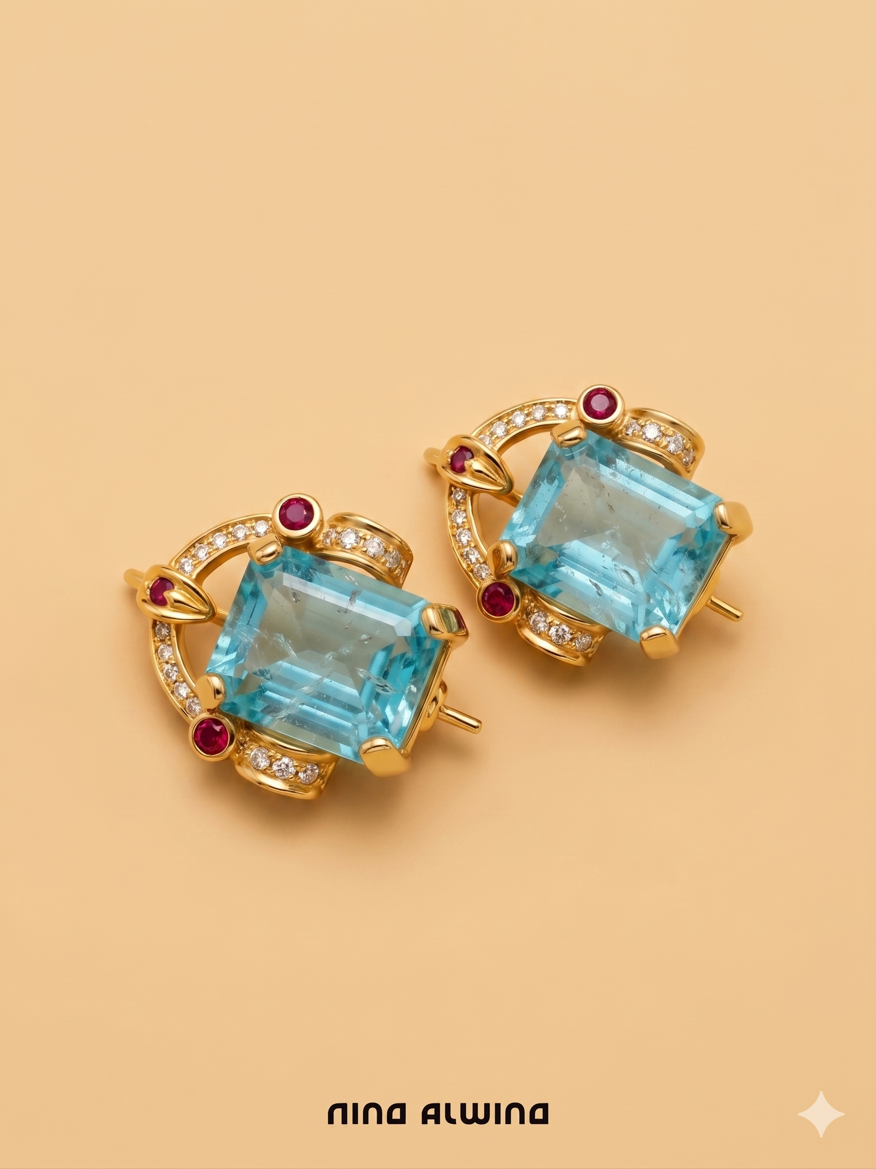 #977 9k Ohrringe mit Paraiba Turmalin, 6 Rubinen & 16 Diamanten - 2.2cm