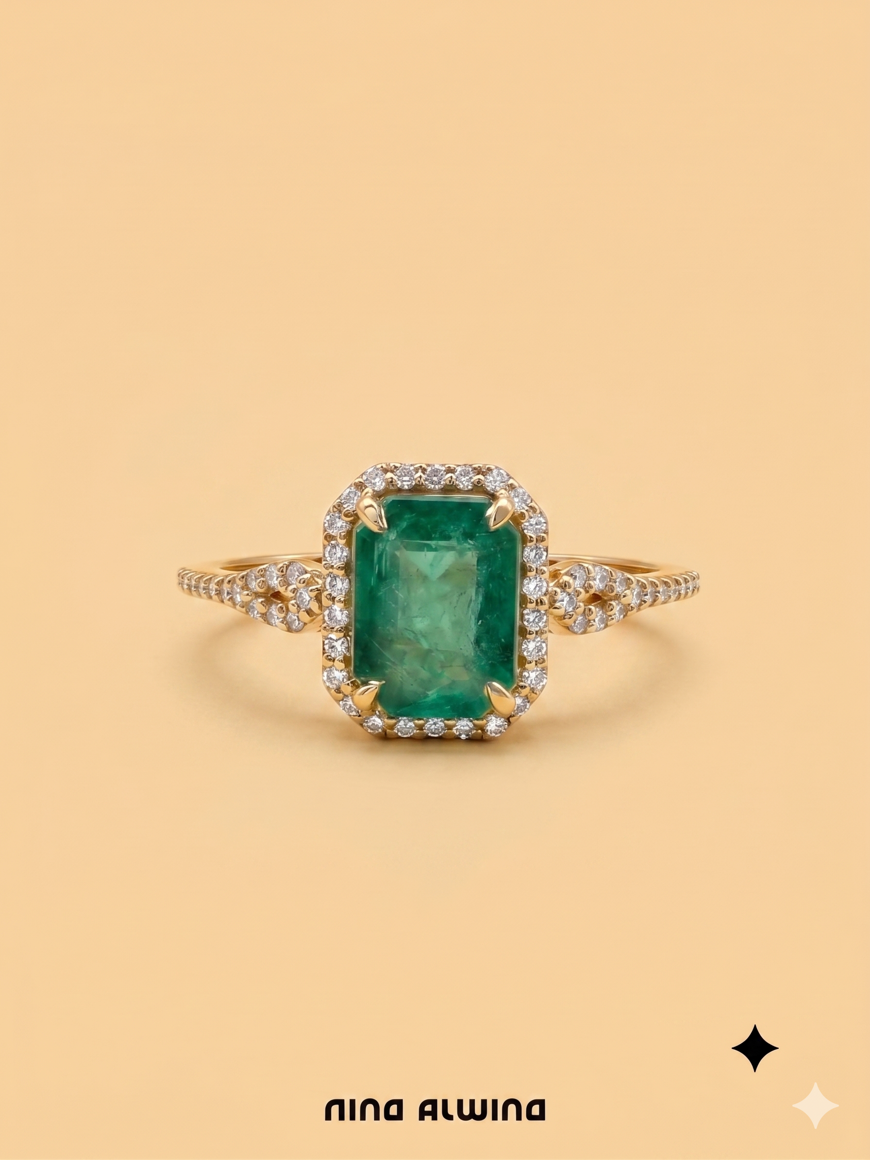 #1120 14k Ring mit natürlichem Smaragd & 56 Diamanten - RG 54