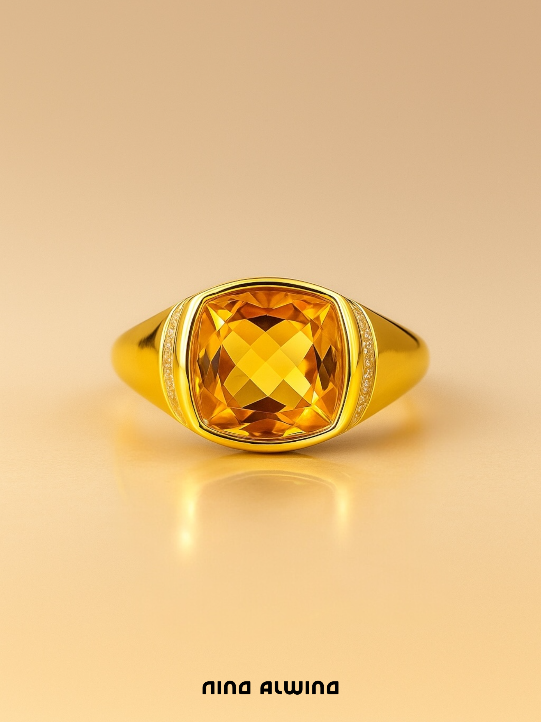 #163 9k Ring mit Citrin & 16 Diamanten - RG 60