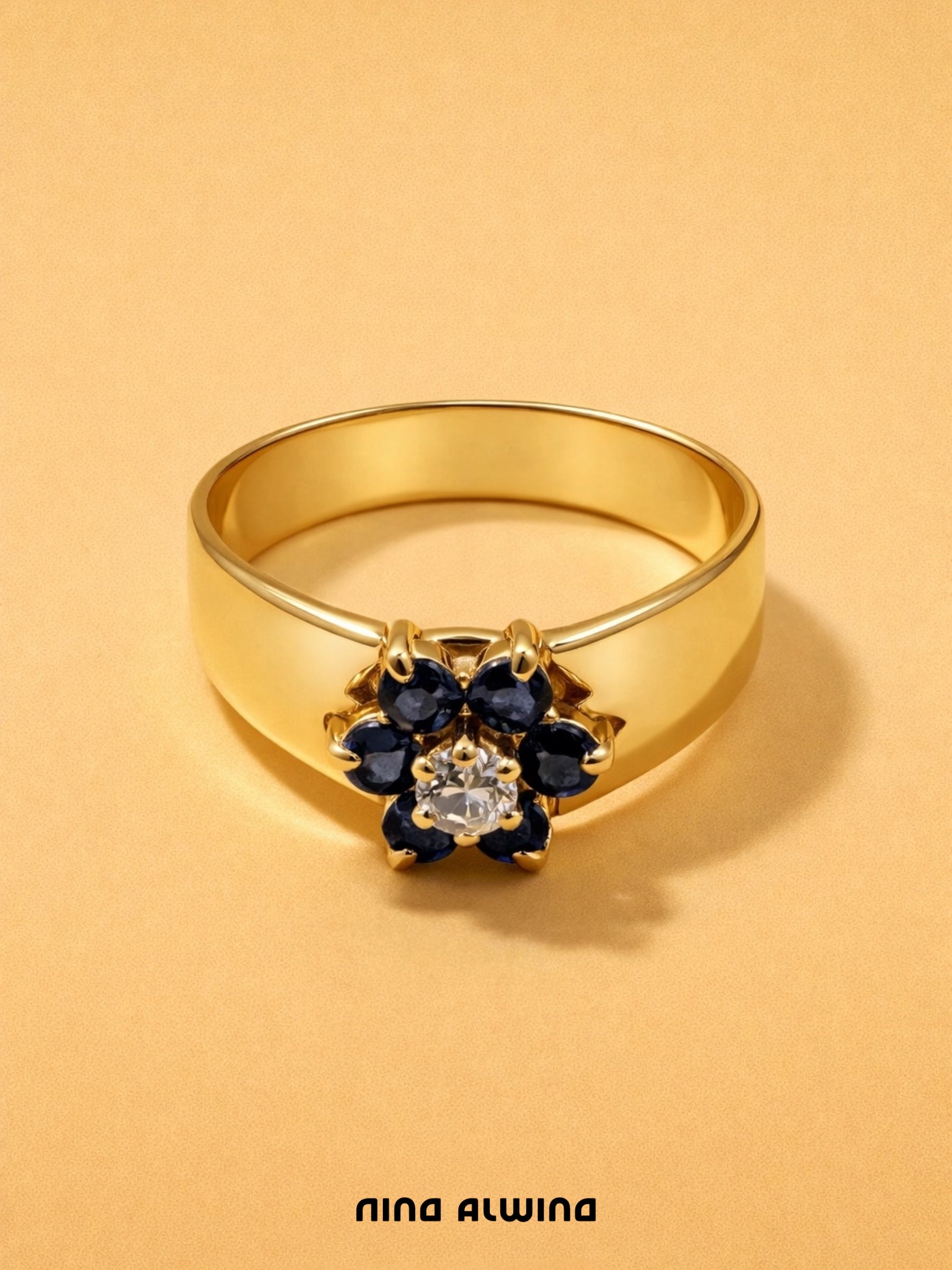 #665 Massiver 14k Ring mit 6 Saphiren & Diamant - RG 51