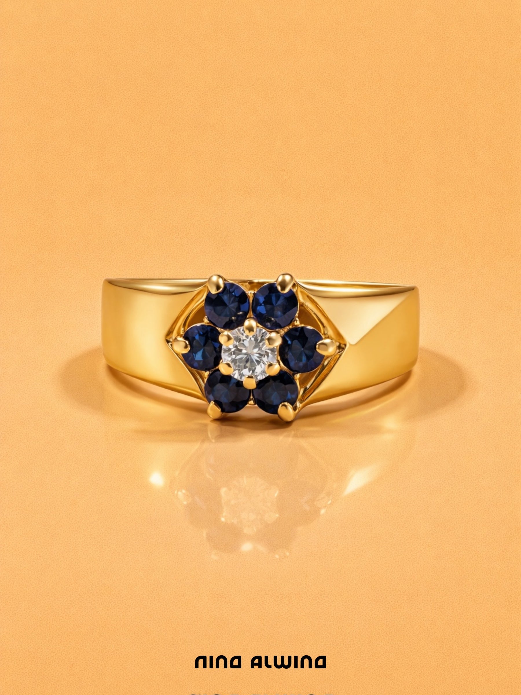 #665 Massiver 14k Ring mit 6 Saphiren & Diamant - RG 51