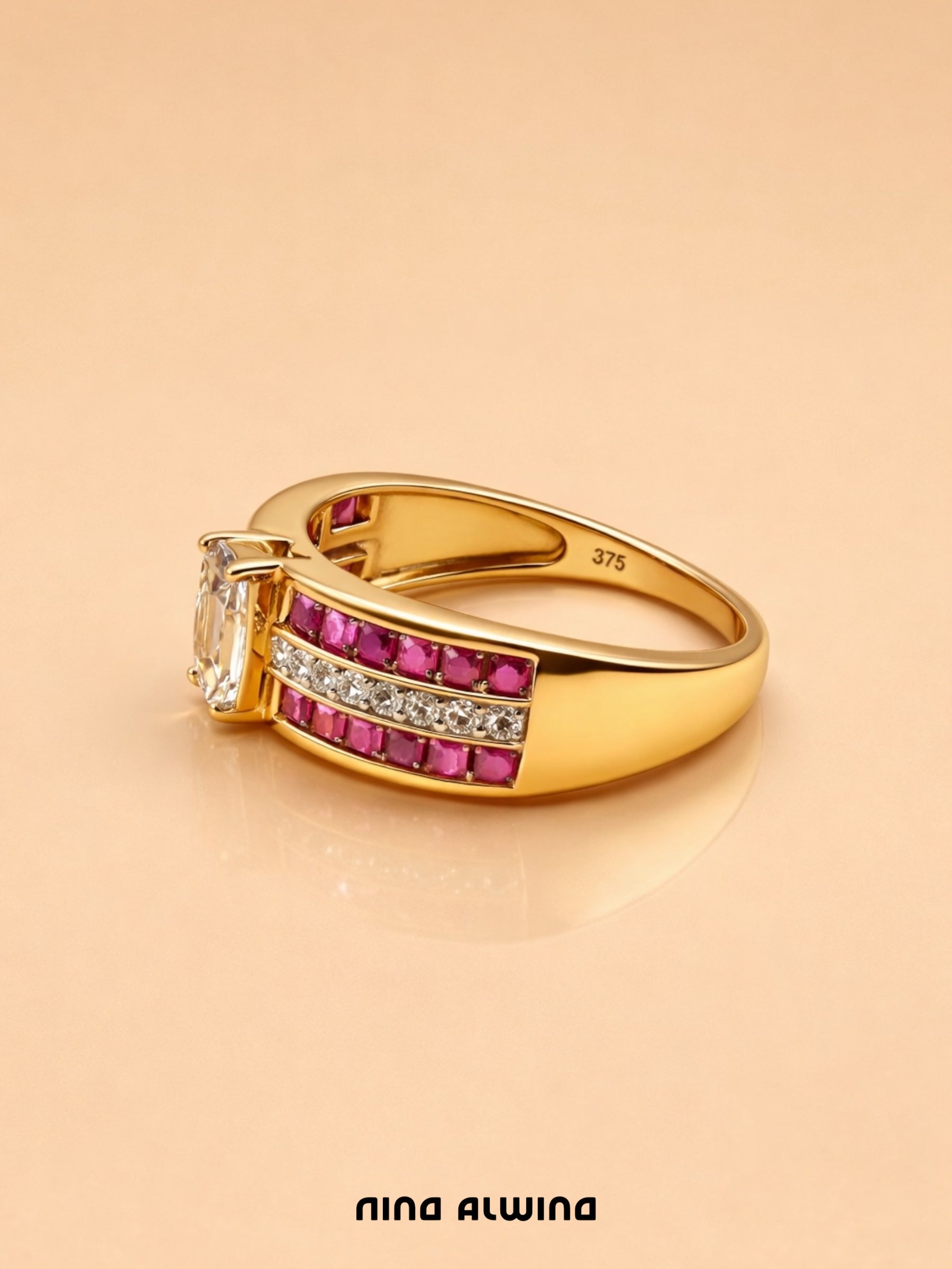 #693 9k Ring mit Morganit, Rubinen & Diamanten - RG 60