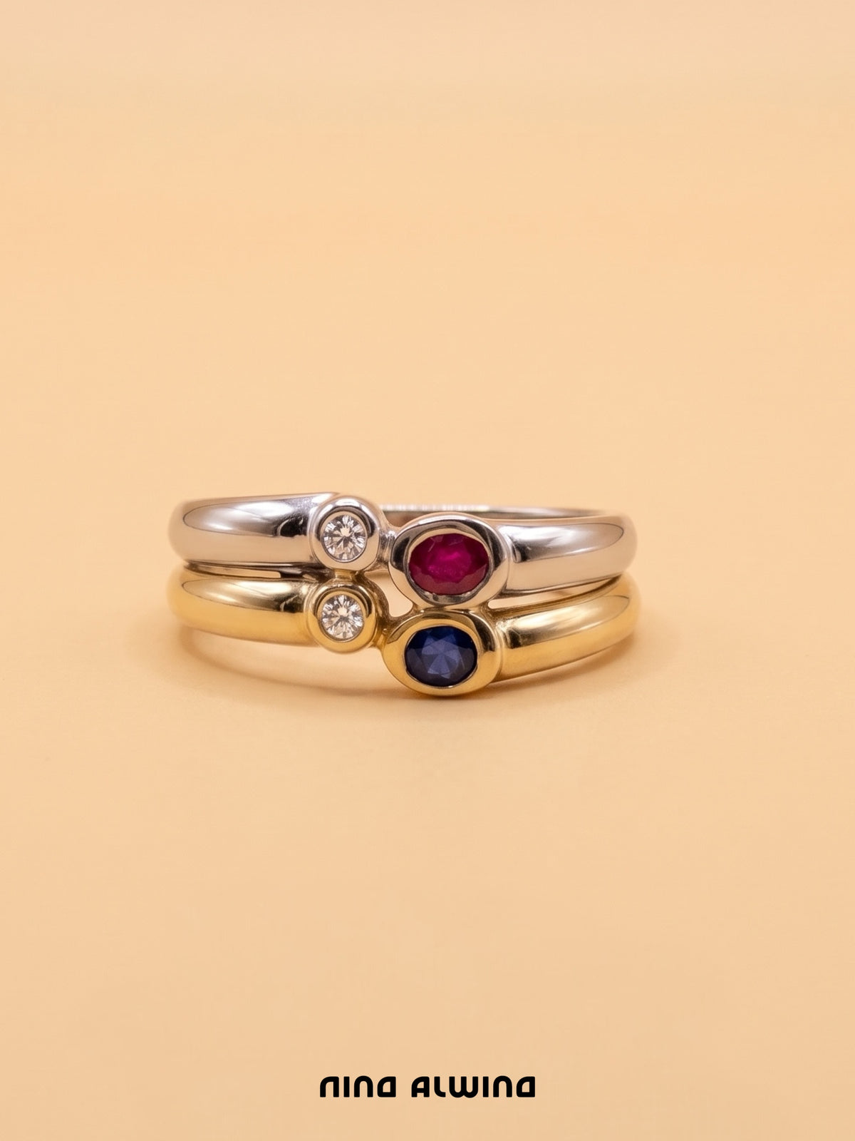 #1381 Massiver 14k Ring mit Diamanten, Rubin, Saphir - RG 53